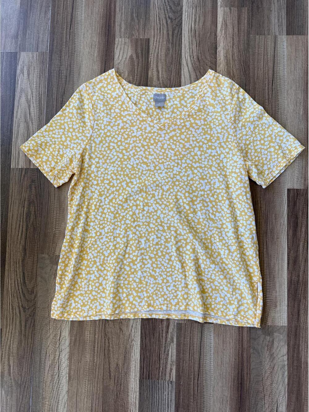 Chico’s cotton modal yellow spotted short sleeve top size 2 dopamine